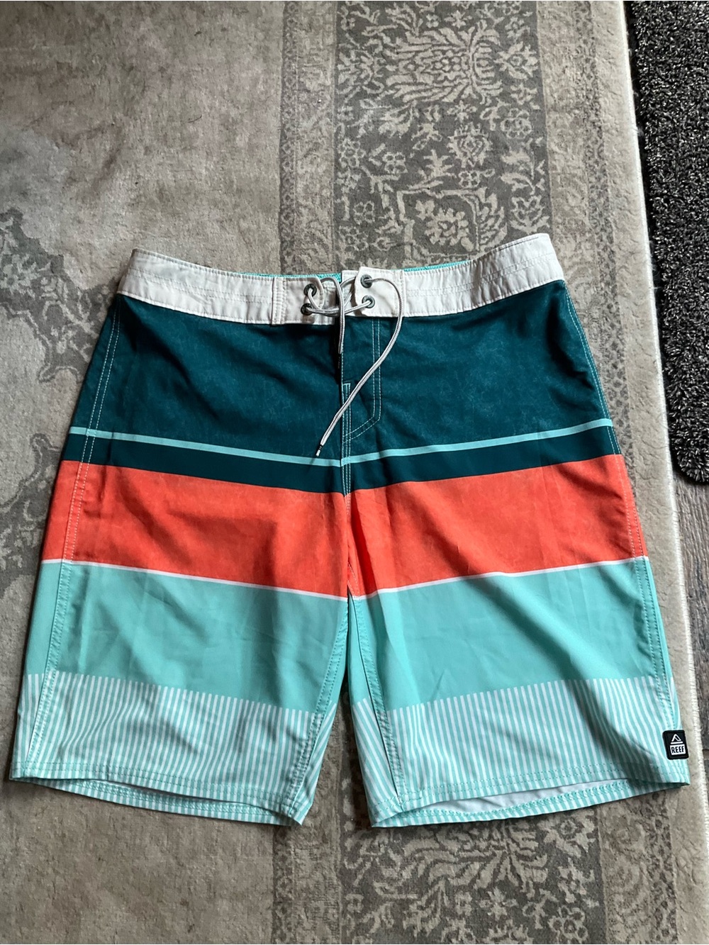 Reef Men's Teal, Coral & Light Blue Striped Board Shorts 34